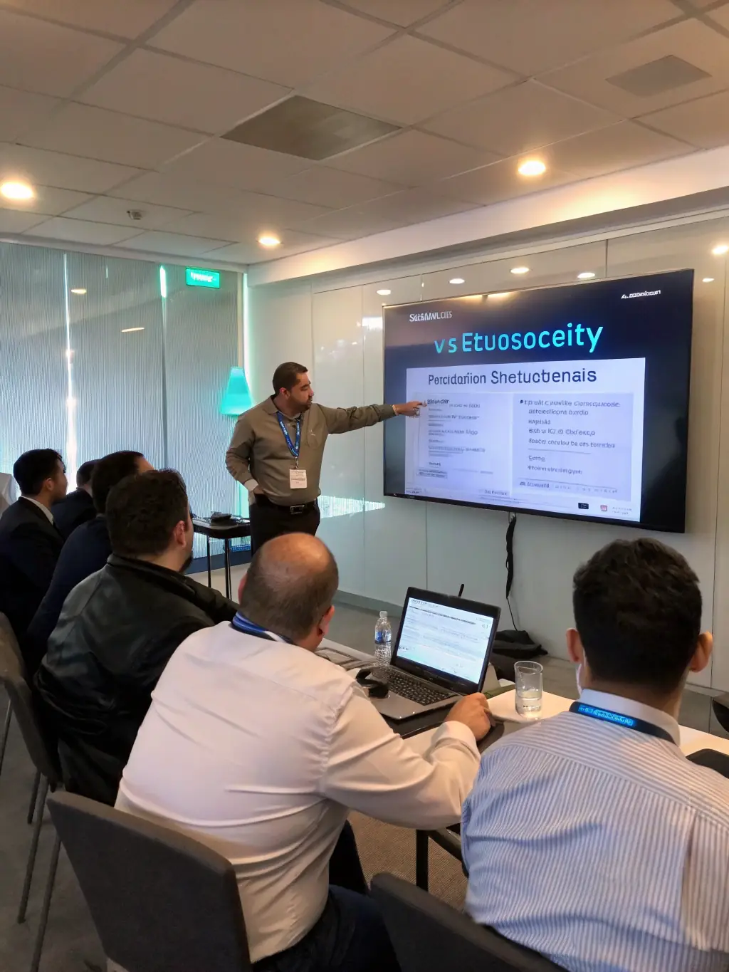 A cybersecurity expert leading a workshop on AI and Cybersecurity, demonstrating how to protect data and systems in an AI-driven environment.