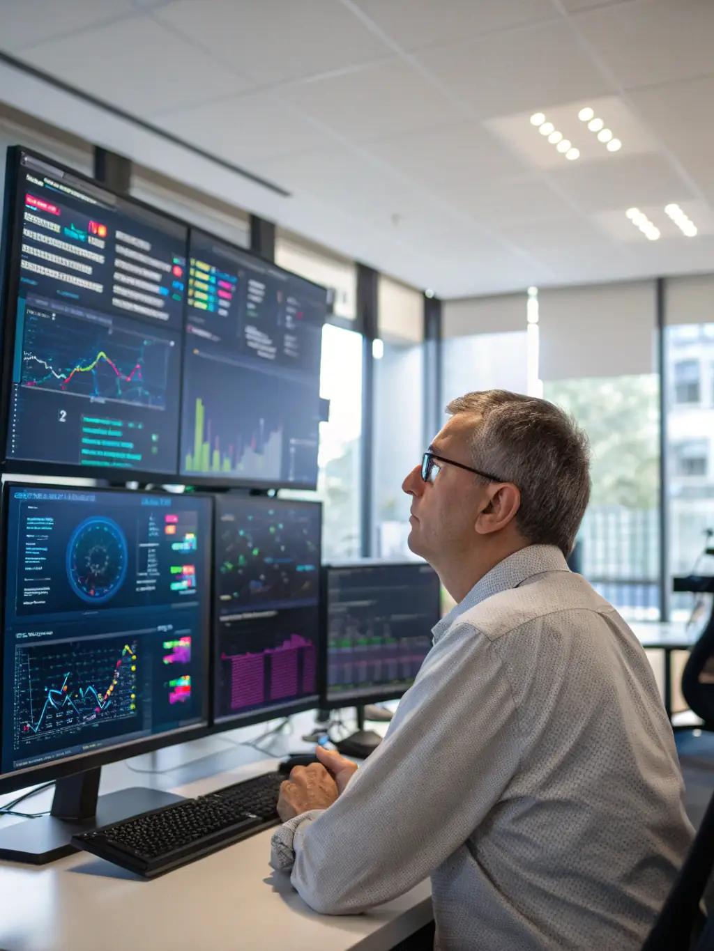A data scientist using AI to analyze complex datasets for decision-making, with visualizations of data patterns and insights.
