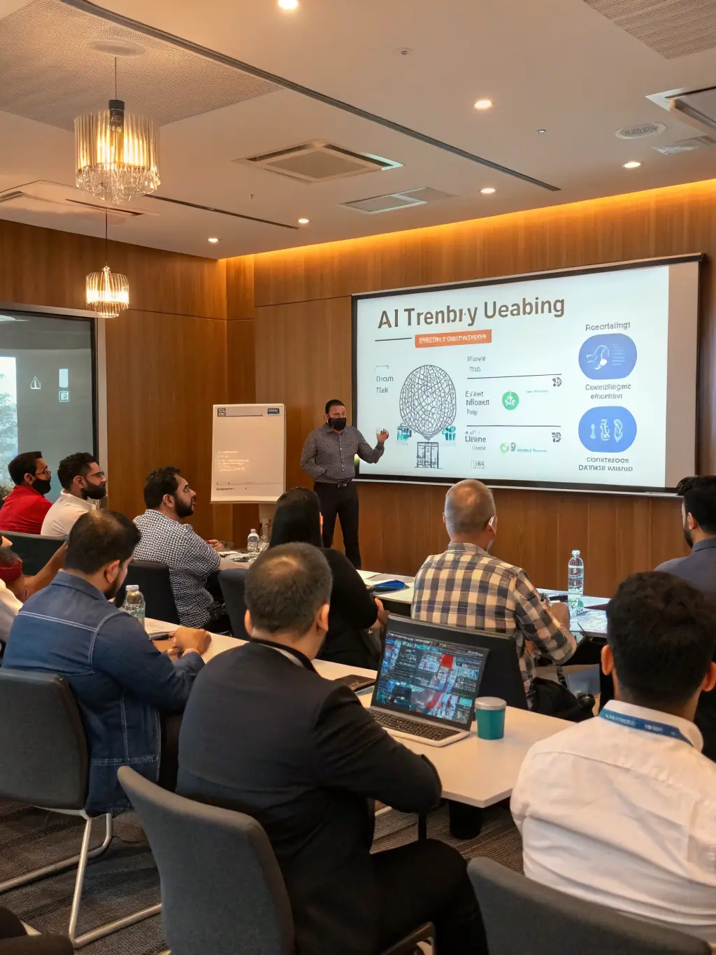 A diverse group of office workers participating in an AI training session, focused on learning new software on their computers, in a modern office setting, showcasing engagement and collaboration.