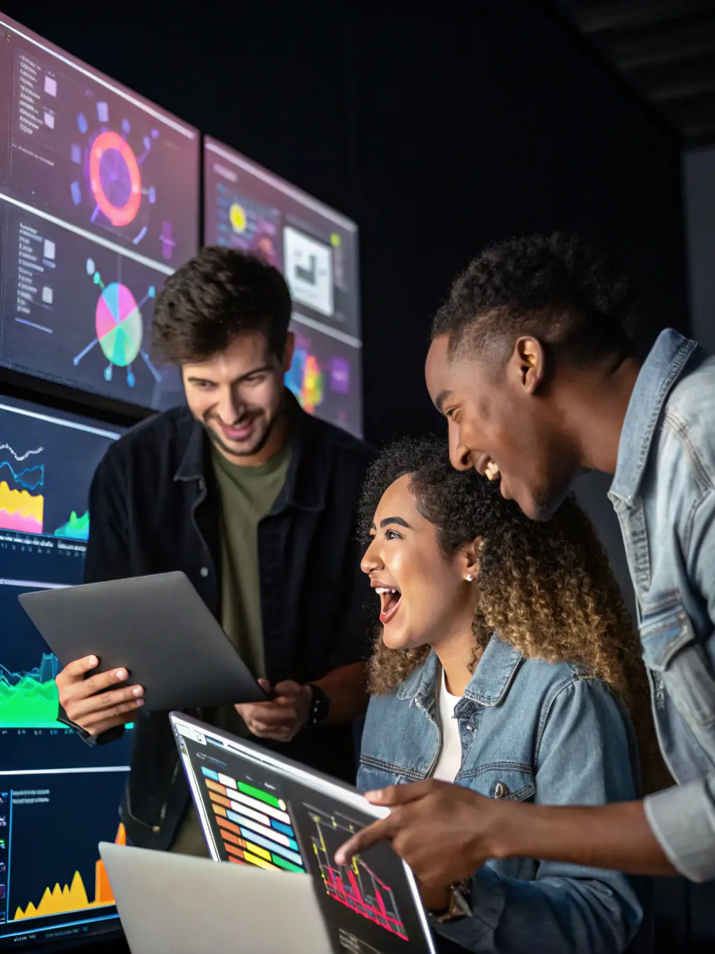 A group of professionals collaborating on prompt engineering techniques, using AI tools to optimize interactions, in a bright, collaborative workspace.