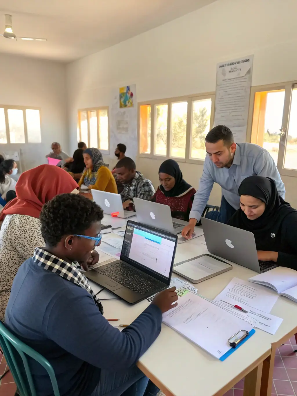 A diverse group of professionals participating in an AI Fundamentals Training session, actively engaging with the instructor and learning basic AI concepts.