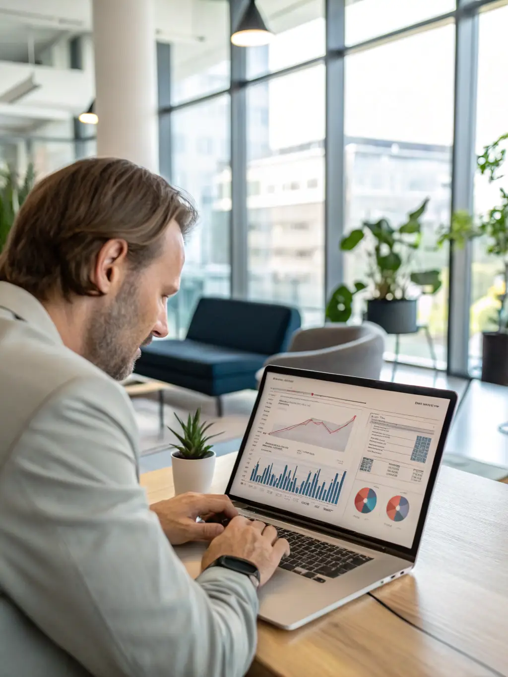 A manager using an AI-powered dashboard to analyze data and make strategic decisions, with charts and graphs displayed on a large monitor in the background.