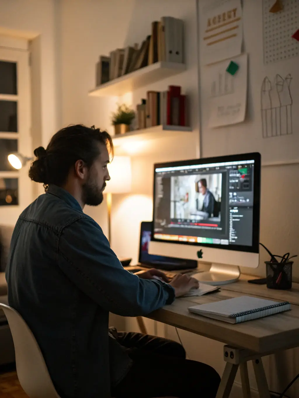 A professional using generative AI tools to create marketing content, showcasing the practical application of AI in business.