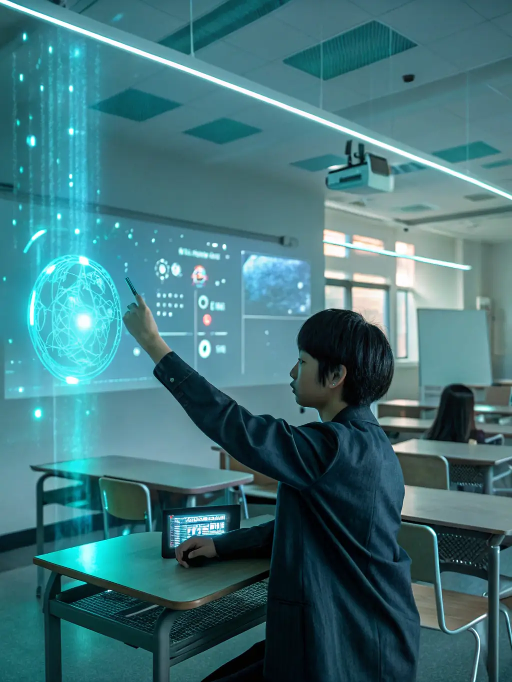 A futuristic classroom setting with holographic displays showcasing various AI training modules, symbolizing the advanced learning environment provided by Artificial Intelligence Superhuman.