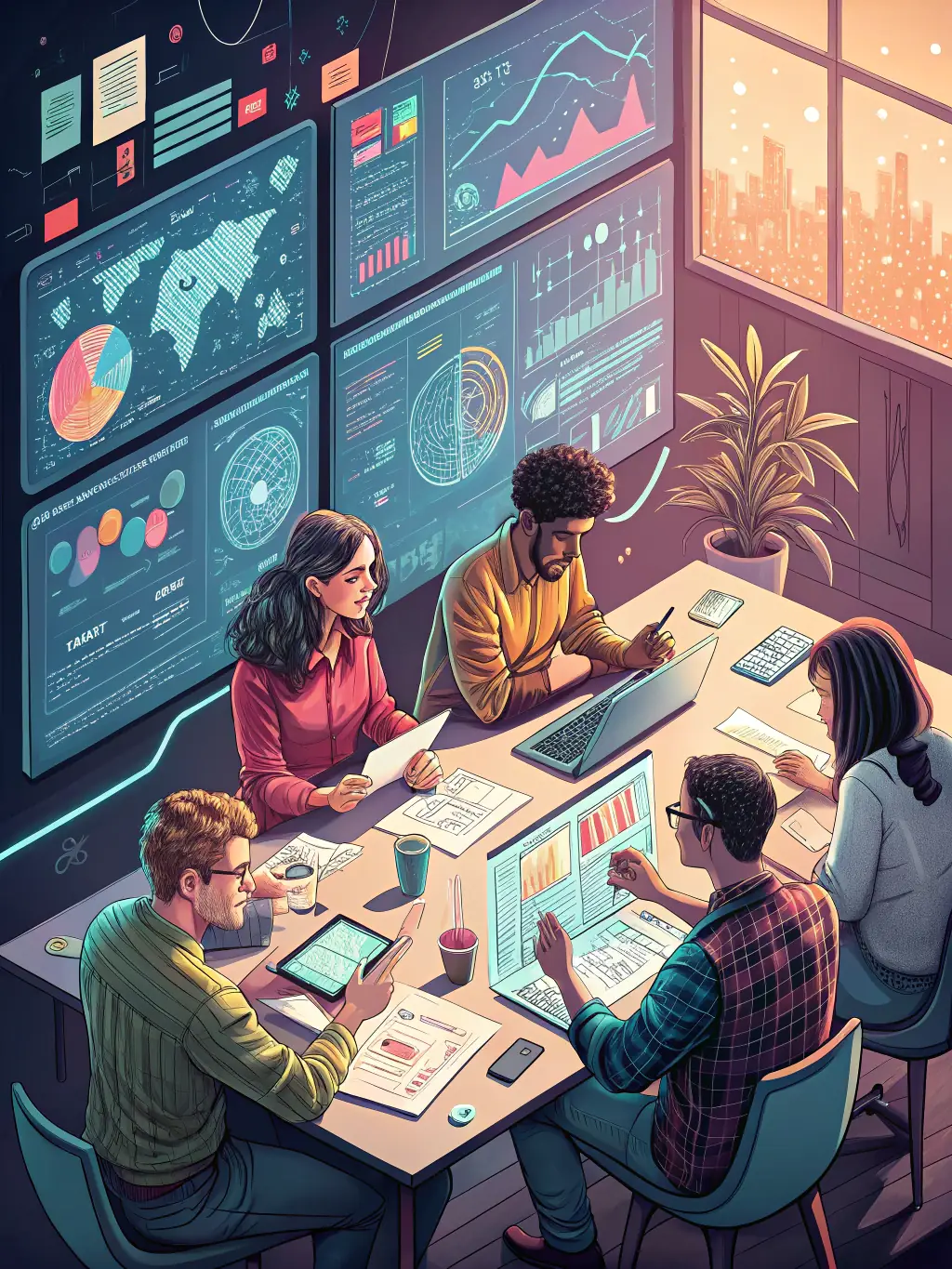 A diverse team brainstorming innovative AI applications, using whiteboards and digital tools to visualize ideas, in a creative and dynamic office environment.