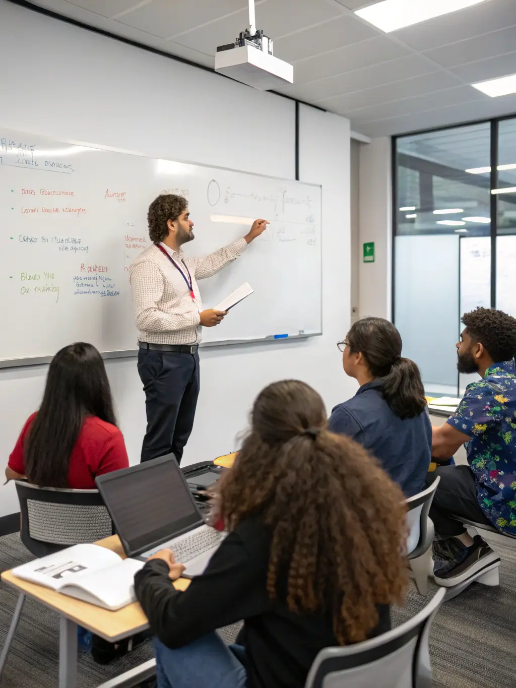 A person attending a lecture on AI fundamentals, with a screen displaying basic AI concepts and algorithms, in a modern classroom setting.