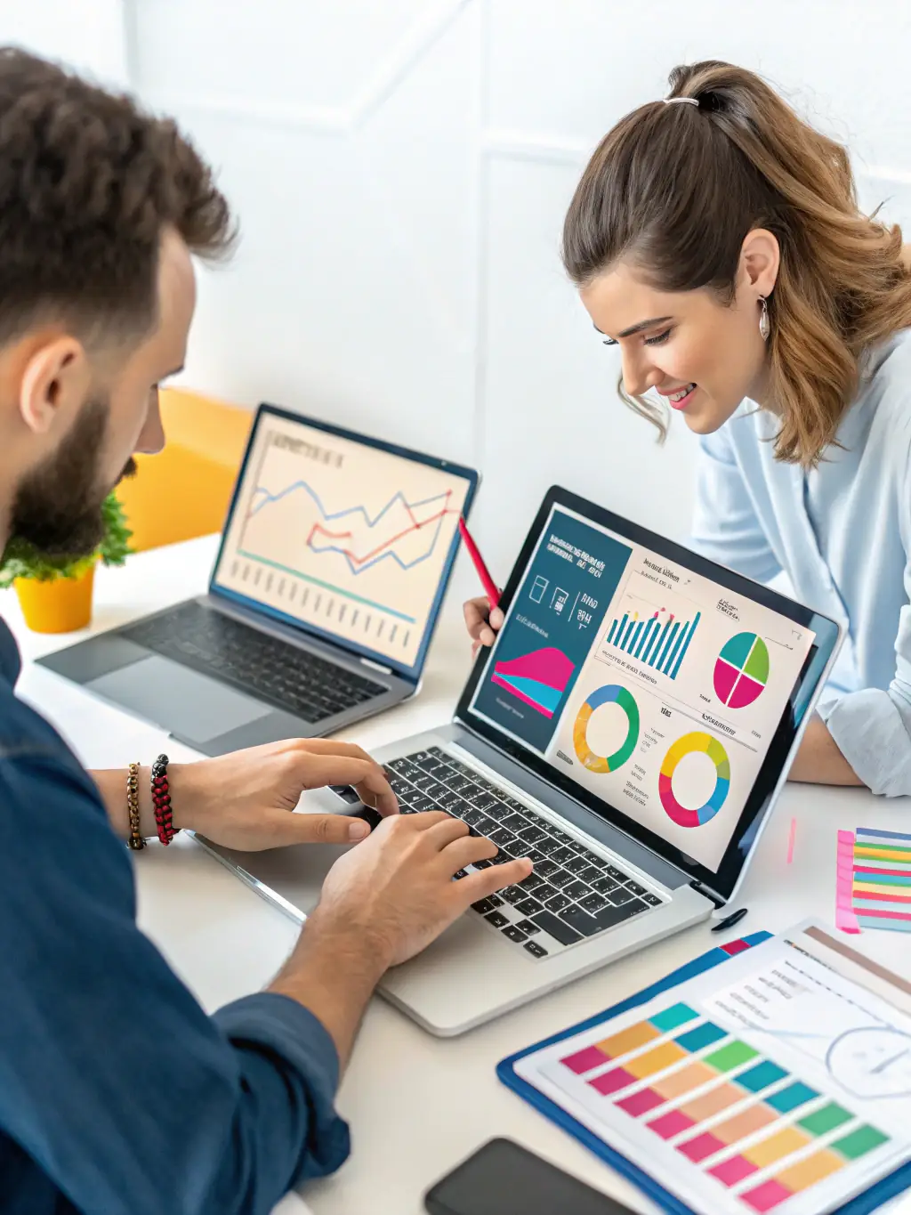 A team collaborating on a project using AI-powered project management tools, in a bright and collaborative workspace, emphasizing teamwork and innovation.