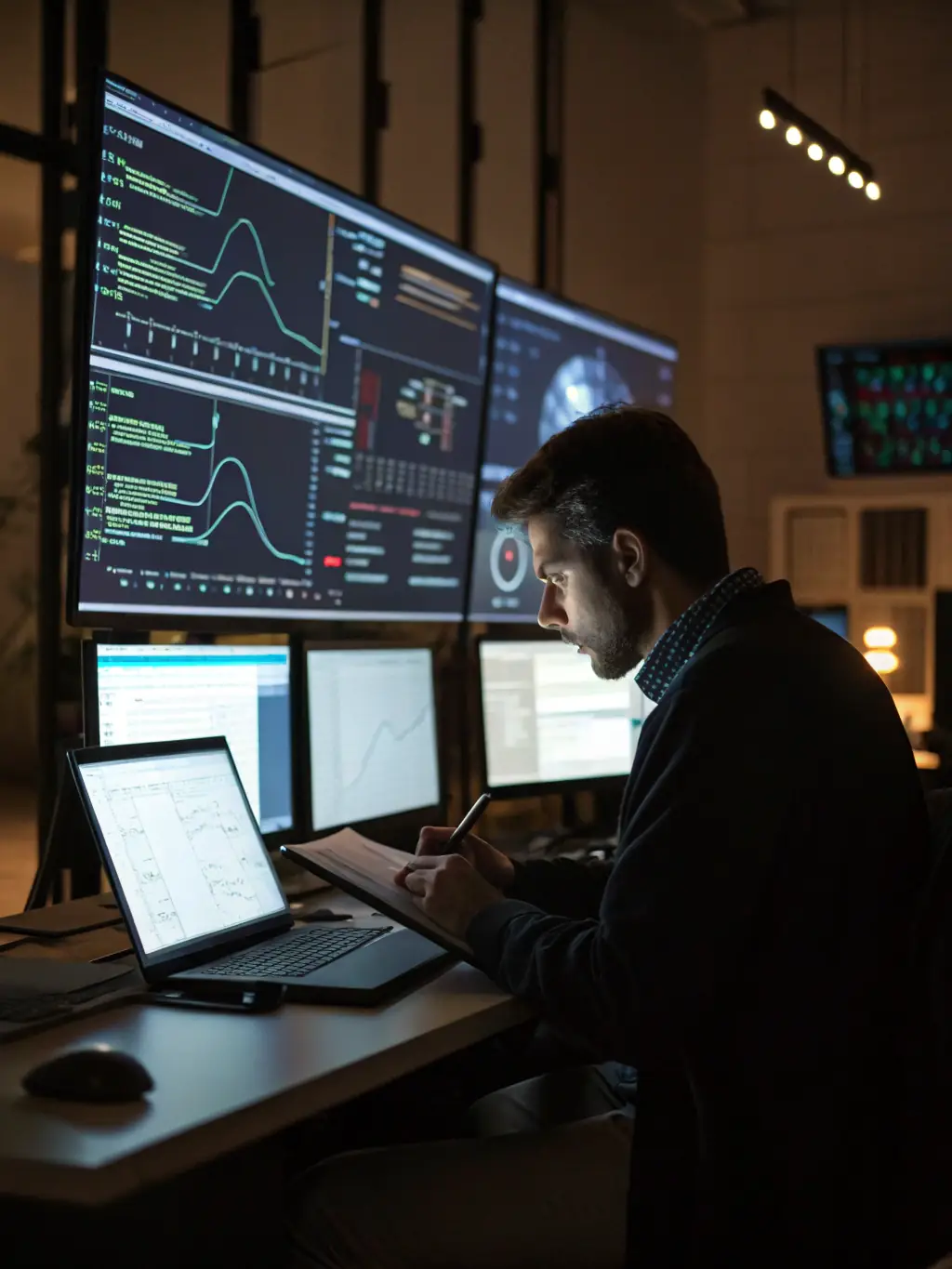 A cybersecurity expert using AI-powered tools to detect and prevent cyber threats, with a network security interface displayed.