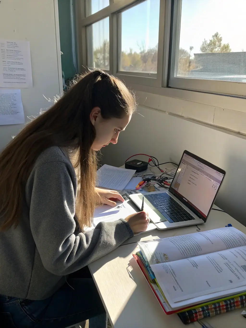A focused individual learning the basics of AI on a laptop, surrounded by digital interfaces and data visualizations, in a modern, minimalist home office setting.